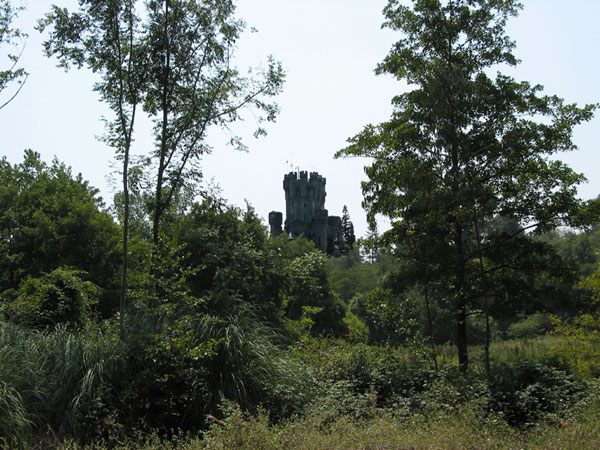 In de verte tussen de bomen: kasteel met torentjes en kantelen
