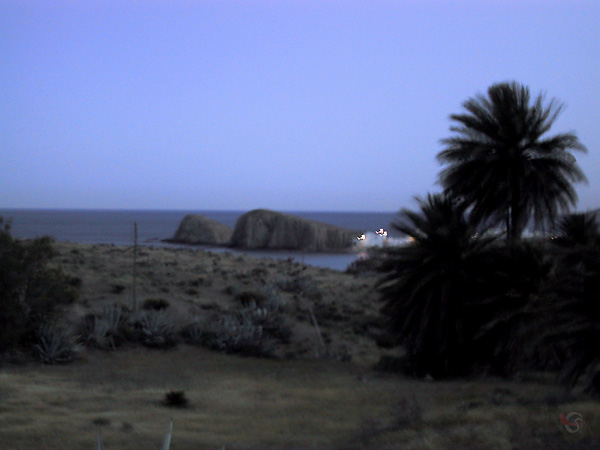 Palmen op de voorgrond; witte huisjes en in zee uitstekende rotsen op de achtergrond