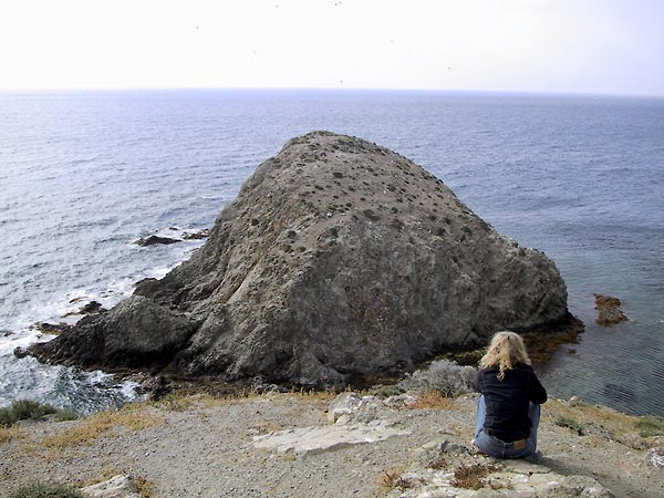 Sylvia op de rug gezien, zittend, uitkijkend over de zee met het eilandje van de moor