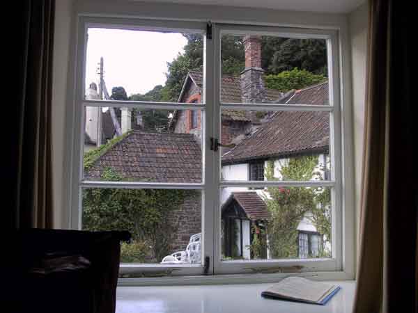 Door een raam is een wit huis te zien, met klimplanten
