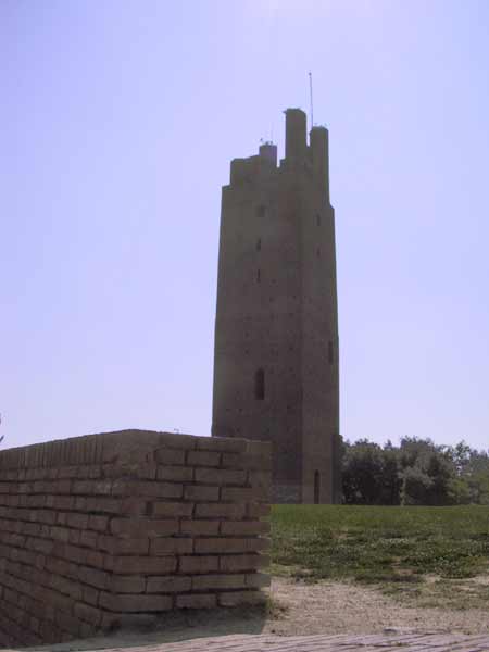 Hoge vierkante toren op grasveldje