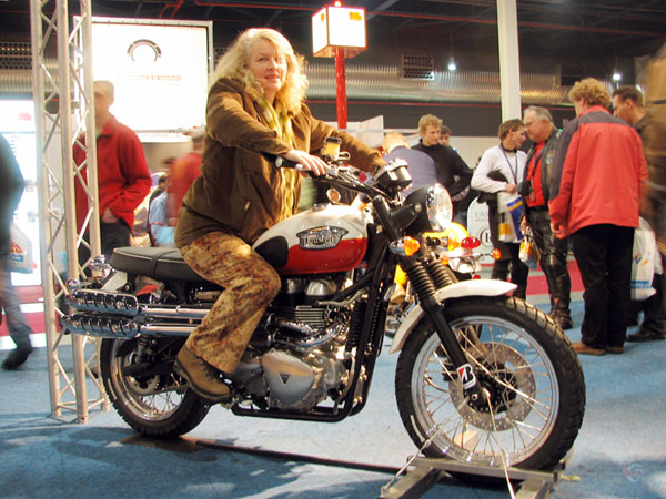 Sylvia on a Triumph Scrambler