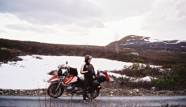 Red and white R1100GS and snow