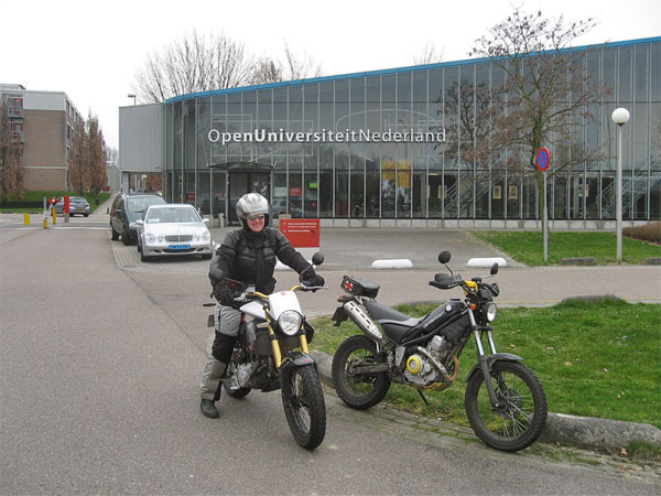 Yamaha Tricker and Derbi Mulhacen in front of the Open University