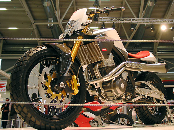 The prototype for the Derbi Mulhacen, a modern scrambler in red and white