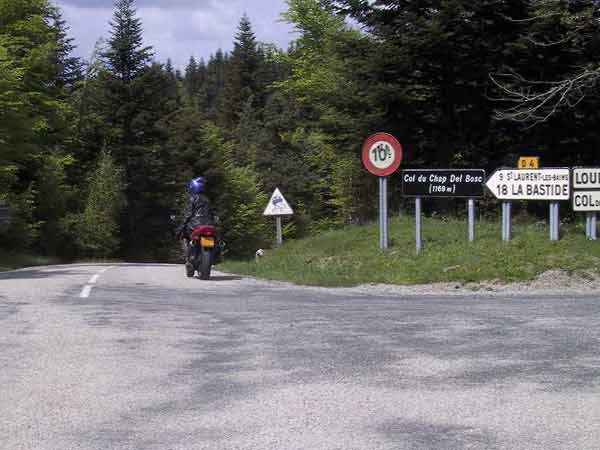 Dennenbos, kruising met veel wegwijzers, en een motorrijder op een Guzzi