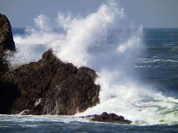 The sea: water jumping against a rock