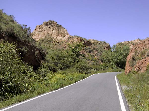 Smalle asfalrweg slaat rechtsaf, vanuit het groen tussen rode rotsen