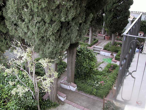 Blik op de geometrische tuin met grote bomen