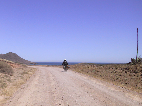 Onverharde weg, een agave, en de zee