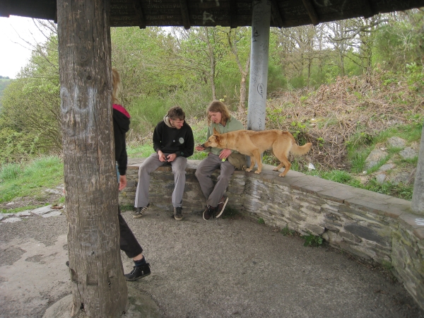 Mensen met hond in prieeltje