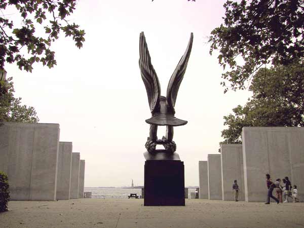 Statue of bald eagle and stone slabs with names