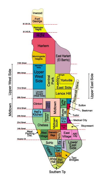 Kaart met de buurten van Manhattan
