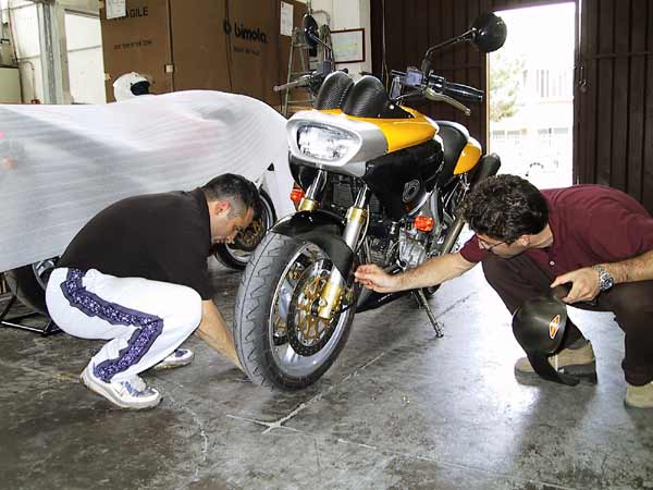 Two Bimota workers checking the Mantra