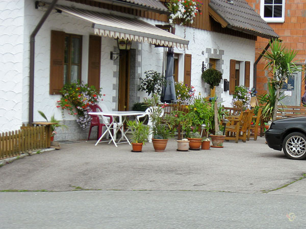 Huis met bloemen in potten