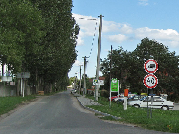 Straat met met gras begroeide stoep